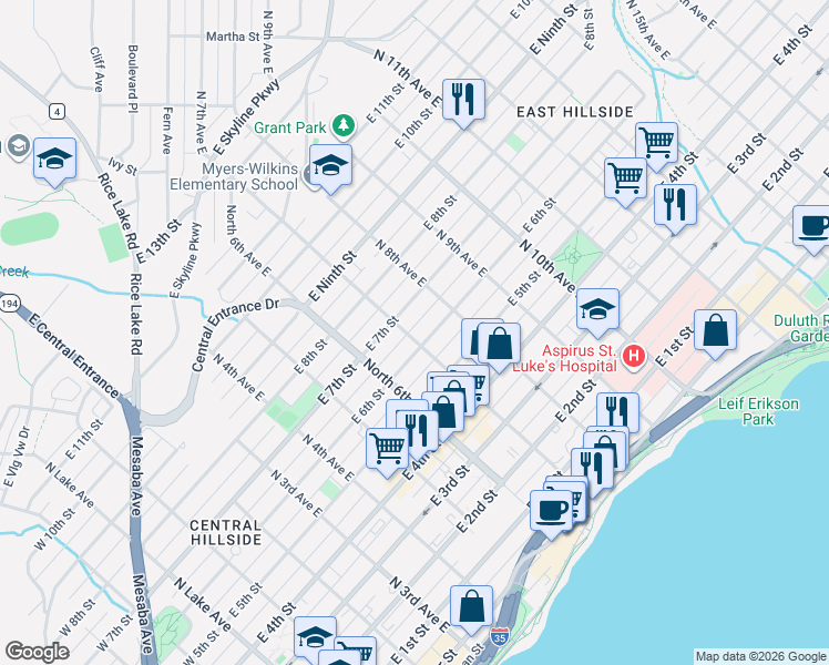 map of restaurants, bars, coffee shops, grocery stores, and more near 702 North 7th Avenue East in Duluth