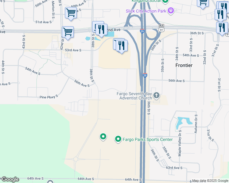 map of restaurants, bars, coffee shops, grocery stores, and more near 5676 38th Street South in Fargo