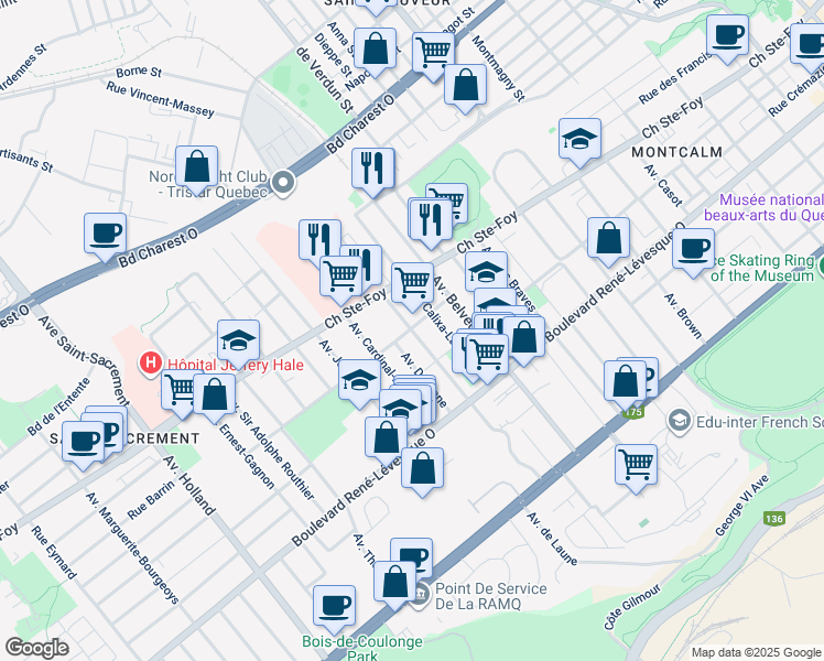 map of restaurants, bars, coffee shops, grocery stores, and more near 850 Avenue du Cardinal Bégin in Quebec