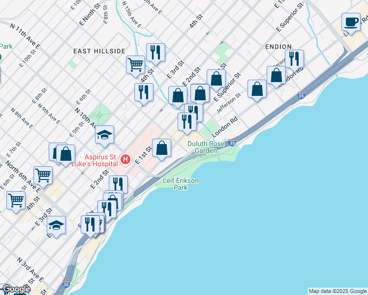 map of restaurants, bars, coffee shops, grocery stores, and more near 1216 East Superior Street in Duluth
