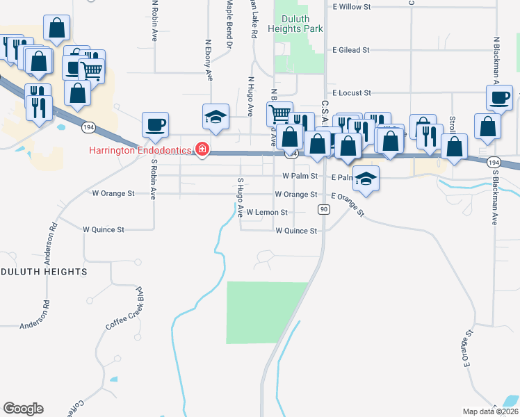 map of restaurants, bars, coffee shops, grocery stores, and more near 118 West Orange Street in Duluth