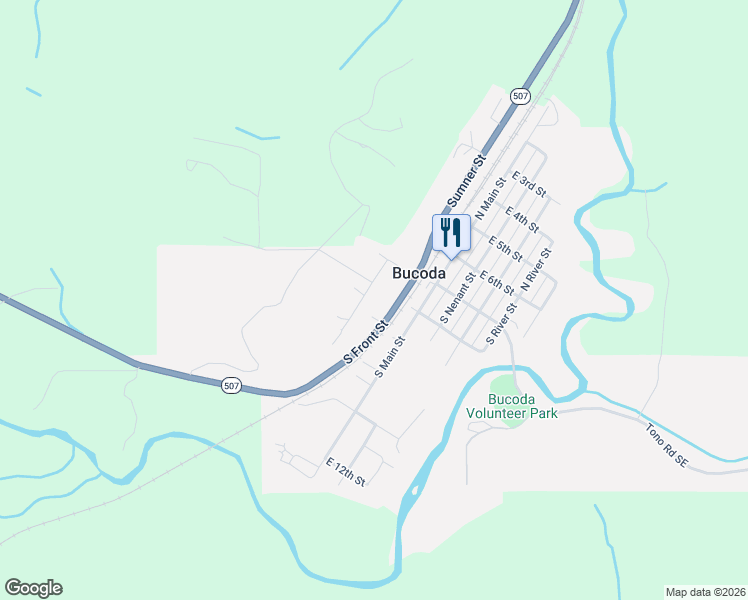 map of restaurants, bars, coffee shops, grocery stores, and more near in Bucoda