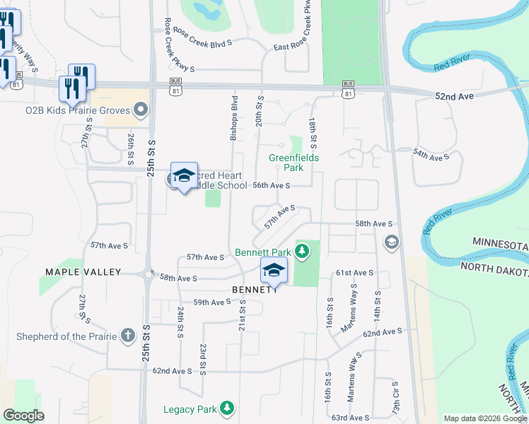 map of restaurants, bars, coffee shops, grocery stores, and more near 5604 20th Street Circle South in Fargo