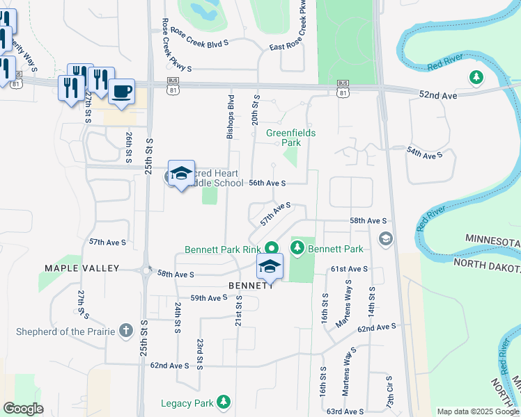 map of restaurants, bars, coffee shops, grocery stores, and more near 5604 20th Street Circle South in Fargo