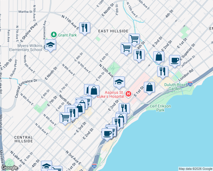 map of restaurants, bars, coffee shops, grocery stores, and more near 928 1/2 East 4th Street in Duluth