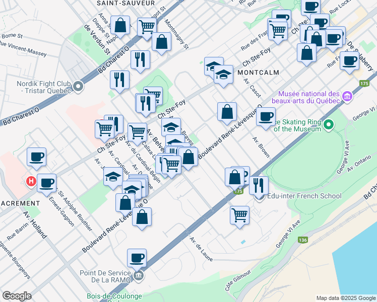 map of restaurants, bars, coffee shops, grocery stores, and more near Ruelle des Braves in Quebec