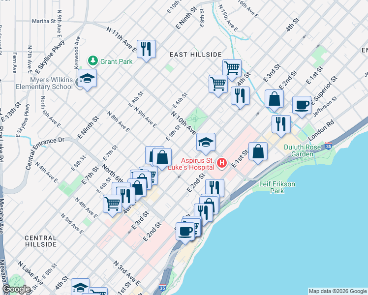 map of restaurants, bars, coffee shops, grocery stores, and more near 928 1/2 East 4th Street in Duluth