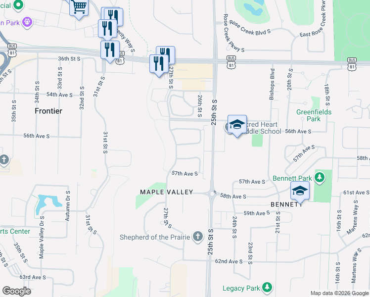 map of restaurants, bars, coffee shops, grocery stores, and more near 2634 55th Avenue South in Fargo