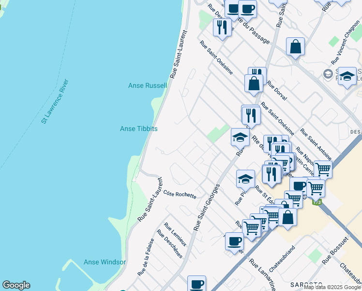 map of restaurants, bars, coffee shops, grocery stores, and more near 22 Rue l'Espérance in Levis