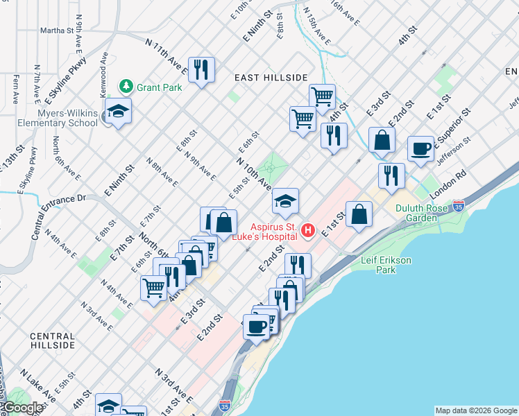 map of restaurants, bars, coffee shops, grocery stores, and more near 928 1/2 East 4th Street in Duluth