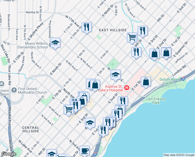 map of restaurants, bars, coffee shops, grocery stores, and more near 425 North 9th Avenue East in Duluth