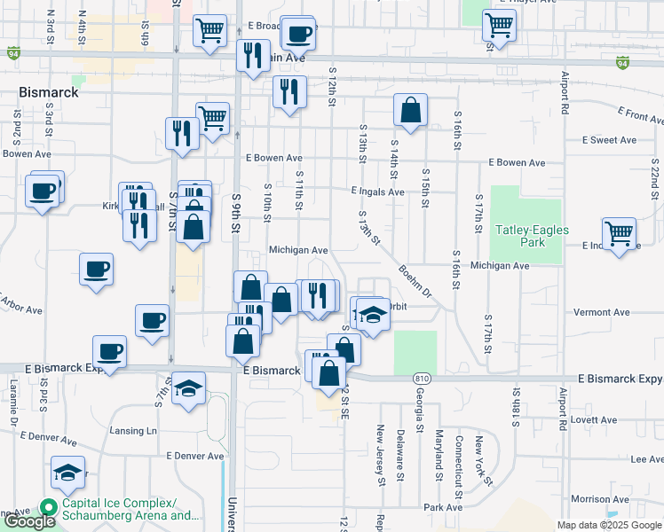 map of restaurants, bars, coffee shops, grocery stores, and more near 703 South 12th Street in Bismarck
