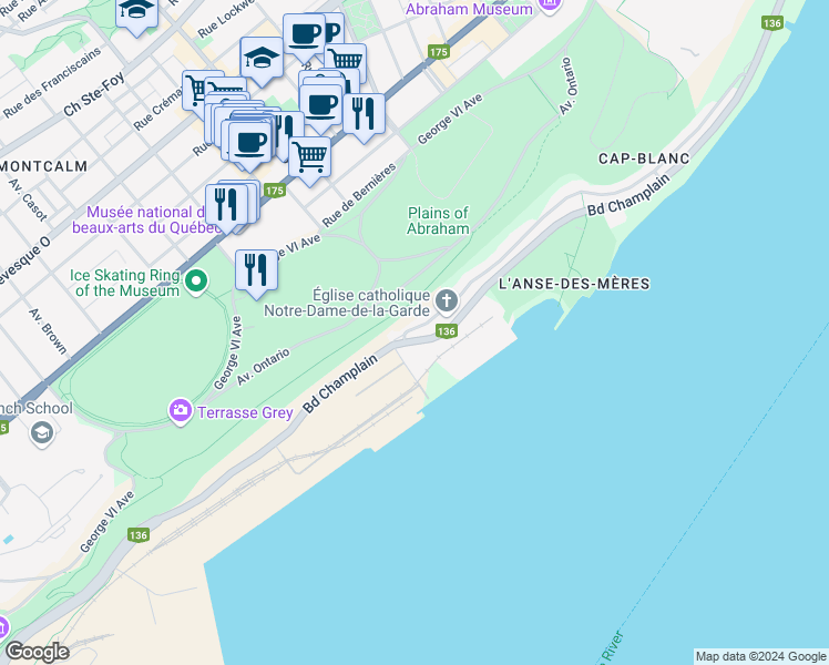 map of restaurants, bars, coffee shops, grocery stores, and more near 819 Rue Champlain in Québec