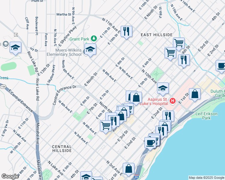 map of restaurants, bars, coffee shops, grocery stores, and more near 702 North 7th Avenue East in Duluth