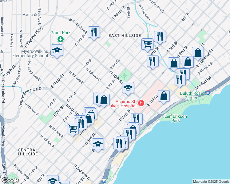 map of restaurants, bars, coffee shops, grocery stores, and more near 901 East 4th Street in Duluth