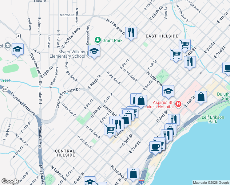 map of restaurants, bars, coffee shops, grocery stores, and more near 702 North 7th Avenue East in Duluth