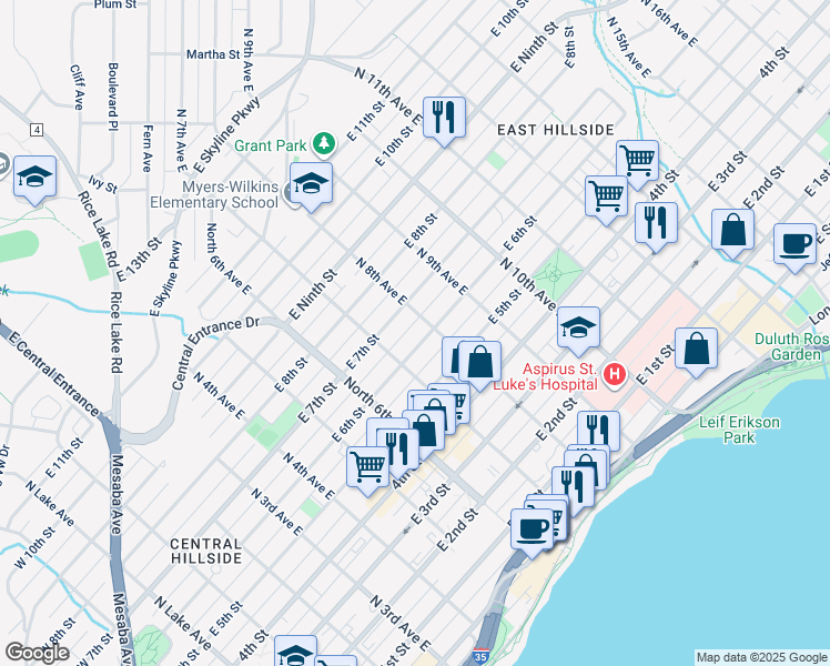 map of restaurants, bars, coffee shops, grocery stores, and more near 721 East 6th Street in Duluth