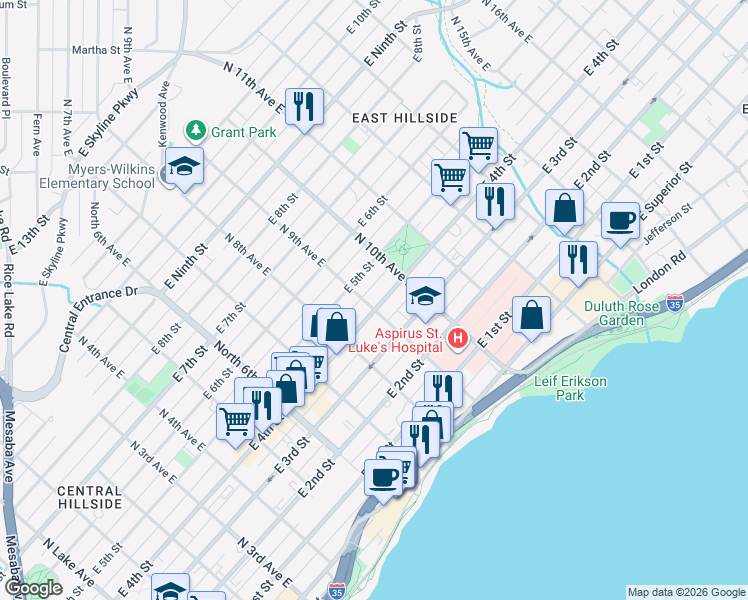 map of restaurants, bars, coffee shops, grocery stores, and more near 928 1/2 East 4th Street in Duluth