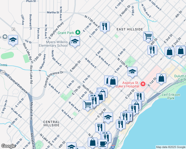 map of restaurants, bars, coffee shops, grocery stores, and more near 702 North 7th Avenue East in Duluth