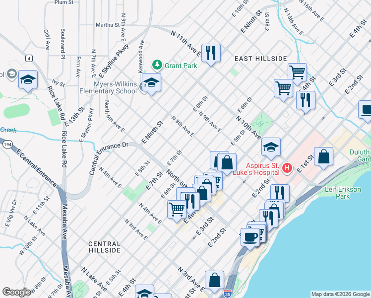 map of restaurants, bars, coffee shops, grocery stores, and more near 702 North 7th Avenue East in Duluth