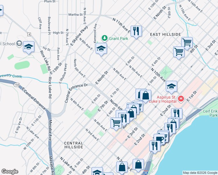 map of restaurants, bars, coffee shops, grocery stores, and more near 622 East 8th Street in Duluth
