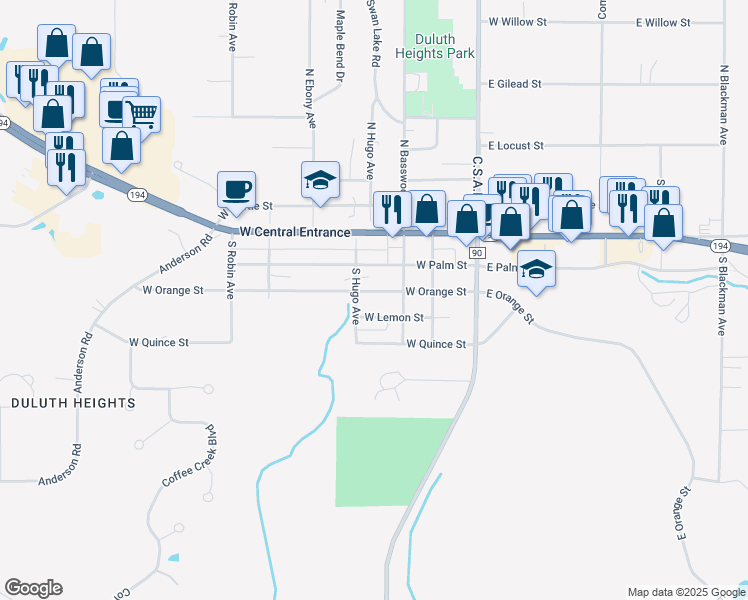 map of restaurants, bars, coffee shops, grocery stores, and more near 118 West Orange Street in Duluth