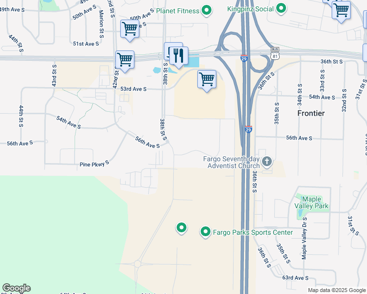map of restaurants, bars, coffee shops, grocery stores, and more near 5532 38th Street South in Fargo