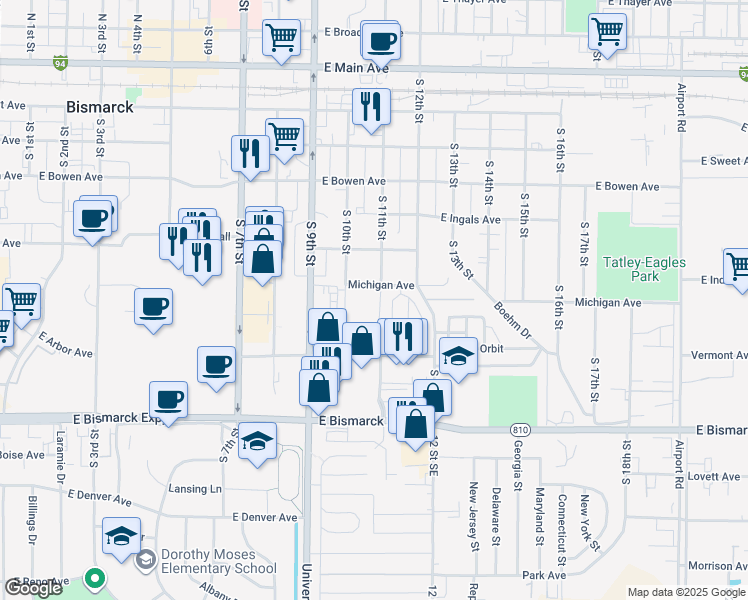 map of restaurants, bars, coffee shops, grocery stores, and more near 708 South 11th Street in Bismarck