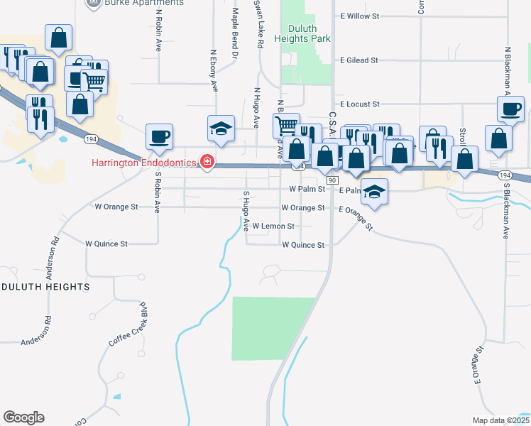map of restaurants, bars, coffee shops, grocery stores, and more near 118 West Orange Street in Duluth