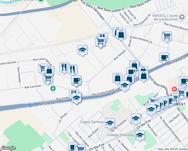 map of restaurants, bars, coffee shops, grocery stores, and more near 1670 Rue Semple in Québec