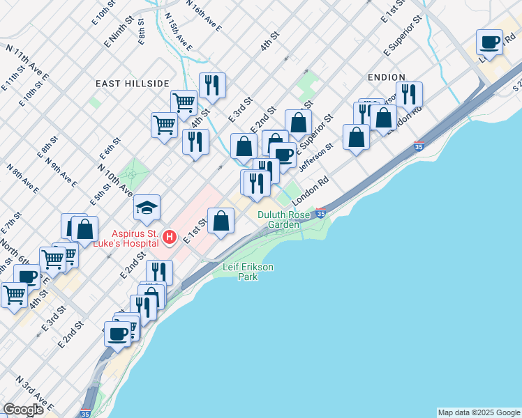 map of restaurants, bars, coffee shops, grocery stores, and more near 1216 East Superior Street in Duluth
