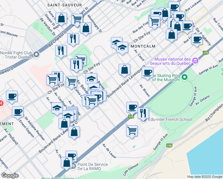 map of restaurants, bars, coffee shops, grocery stores, and more near 995 Avenue des Braves in Quebec