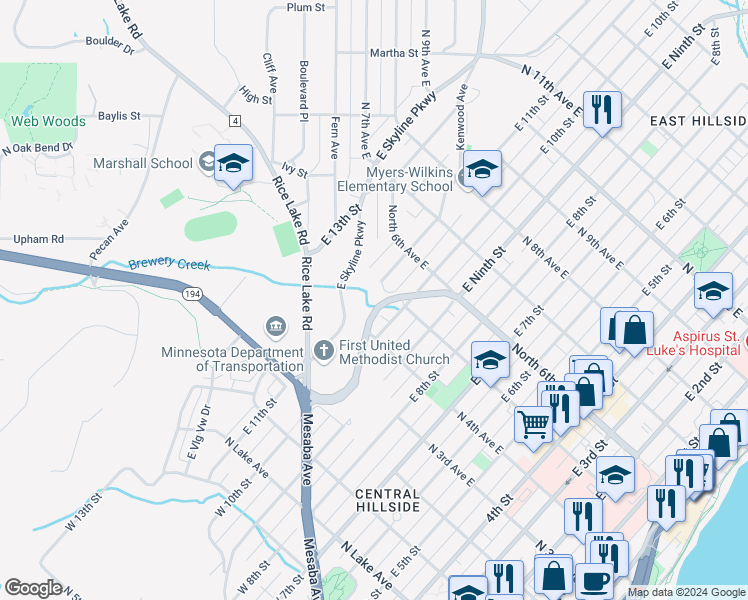 map of restaurants, bars, coffee shops, grocery stores, and more near 422 East 11th Street in Duluth