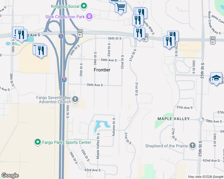 map of restaurants, bars, coffee shops, grocery stores, and more near 5601 32nd Street South in Frontier