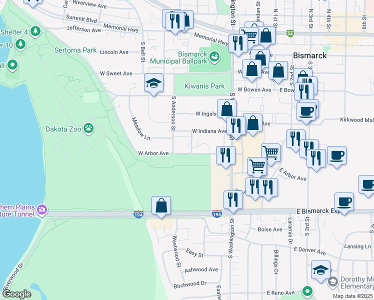 map of restaurants, bars, coffee shops, grocery stores, and more near 510 West Arbor Avenue in Bismarck