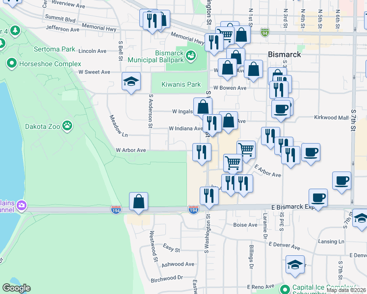 map of restaurants, bars, coffee shops, grocery stores, and more near 420 West Arbor Avenue in Bismarck