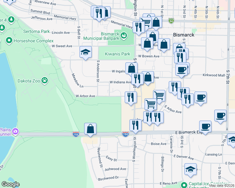 map of restaurants, bars, coffee shops, grocery stores, and more near 420 West Arbor Avenue in Bismarck