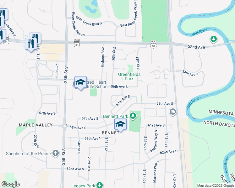 map of restaurants, bars, coffee shops, grocery stores, and more near 5604 20th Street Circle South in Fargo