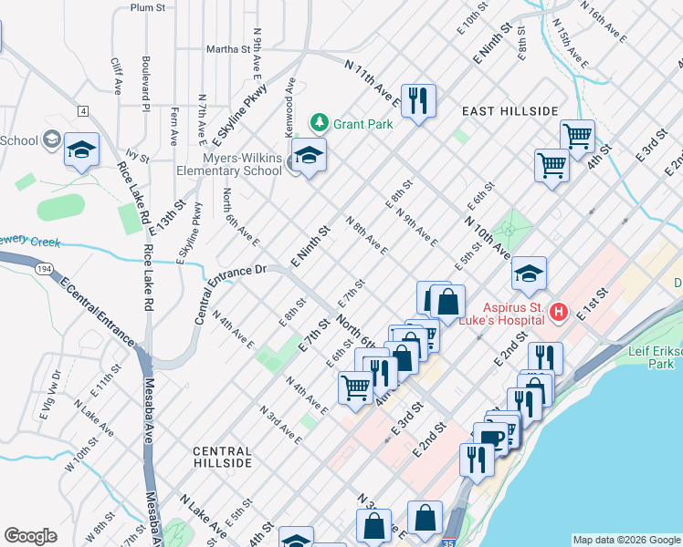 map of restaurants, bars, coffee shops, grocery stores, and more near 622 East 8th Street in Duluth
