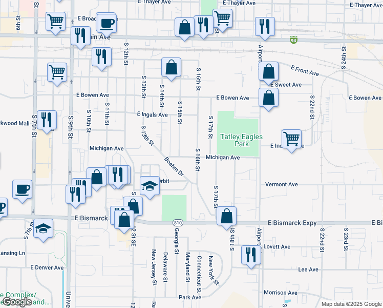 map of restaurants, bars, coffee shops, grocery stores, and more near 1516 Michigan Avenue in Bismarck