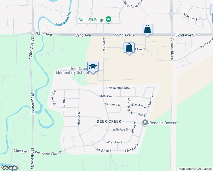 map of restaurants, bars, coffee shops, grocery stores, and more near 6239-6261 55th Avenue South in Fargo