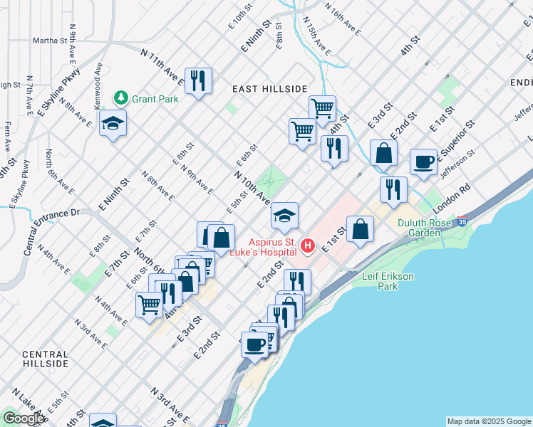 map of restaurants, bars, coffee shops, grocery stores, and more near 928-1/2 East 4th Street in Duluth