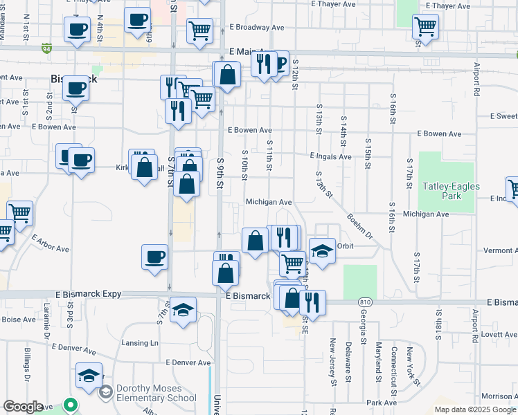 map of restaurants, bars, coffee shops, grocery stores, and more near 708 South 11th Street in Bismarck