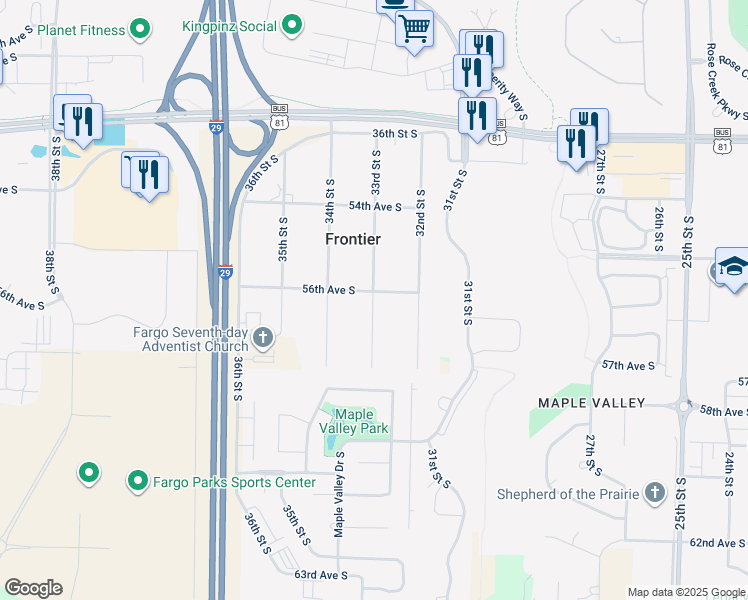 map of restaurants, bars, coffee shops, grocery stores, and more near 5601 33rd Street Southwest in Frontier