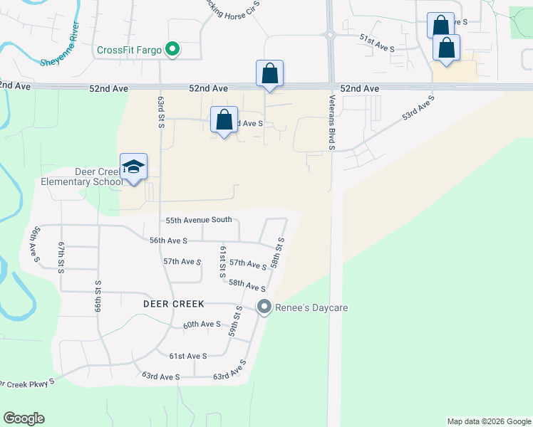 map of restaurants, bars, coffee shops, grocery stores, and more near 5895 55th Avenue South in Fargo