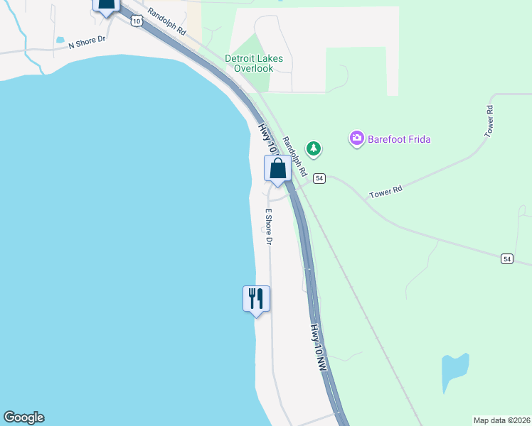 map of restaurants, bars, coffee shops, grocery stores, and more near 1324 East Shore Drive in Detroit Lakes