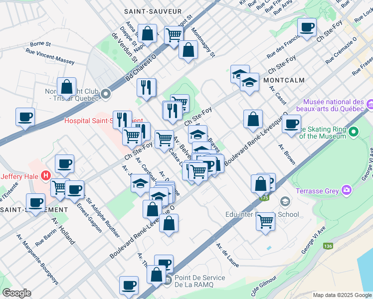 map of restaurants, bars, coffee shops, grocery stores, and more near 871 Avenue Belvédère in Ville de Québec
