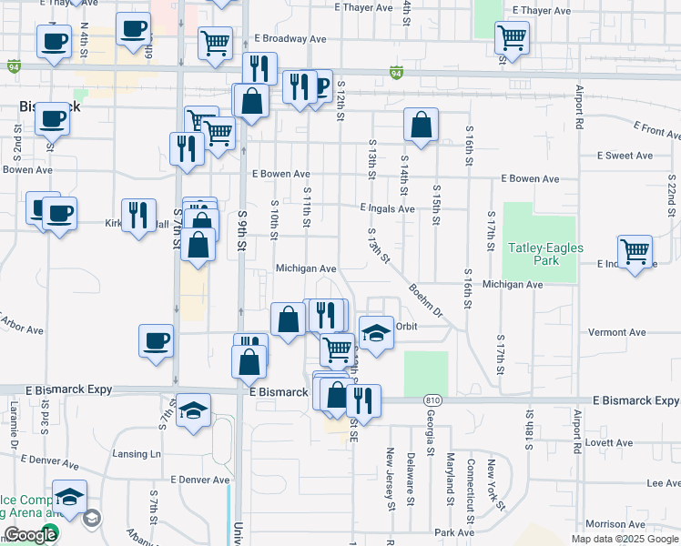 map of restaurants, bars, coffee shops, grocery stores, and more near 703 South 12th Street in Bismarck