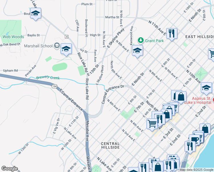 map of restaurants, bars, coffee shops, grocery stores, and more near 422 East 11th Street in Duluth