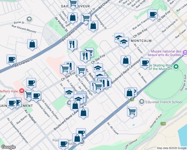 map of restaurants, bars, coffee shops, grocery stores, and more near 871 Avenue Belvédère in Québec